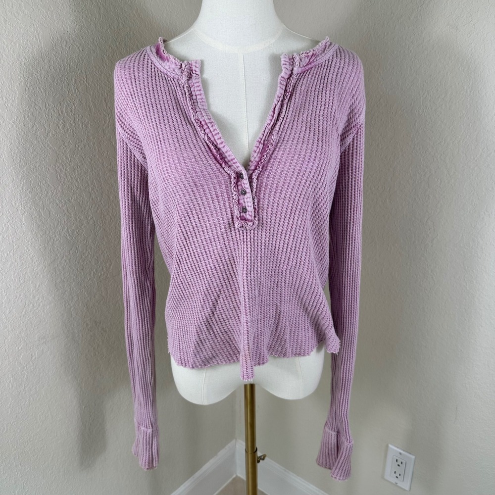 FP One Free People Thermal Women M Purple Boho Waffle Knit Henley Long Sleeve